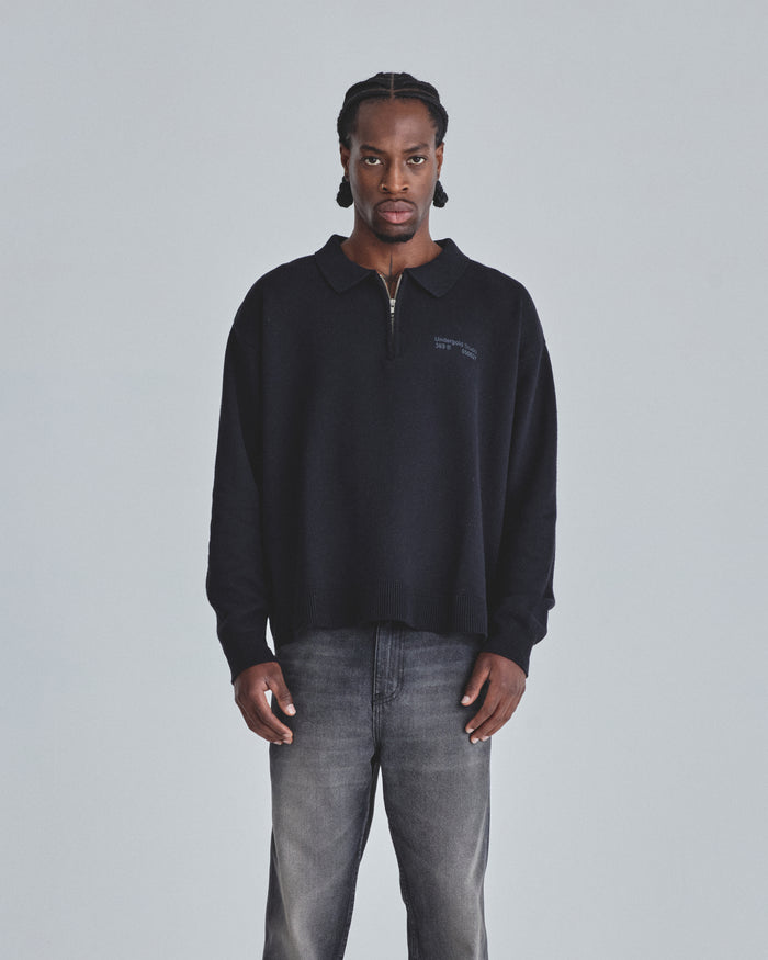 Line Knit Zip Up Long Sleeve Polo Shirt Black