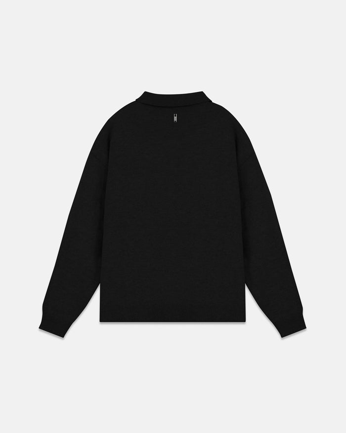 Line Knit Zip Up Long Sleeve Polo Shirt Black