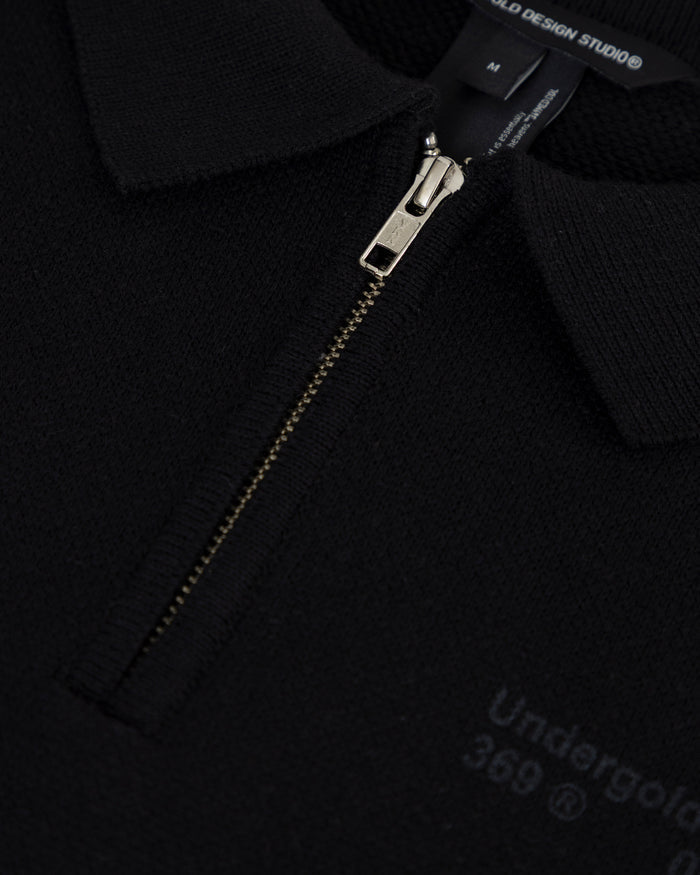 Line Knit Zip Up Long Sleeve Polo Shirt Black