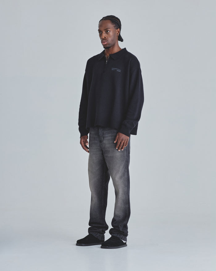 Line Knit Zip Up Long Sleeve Polo Shirt Black