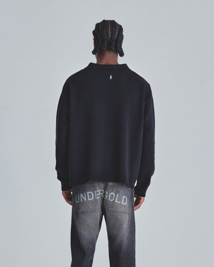 Line Knit Zip Up Long Sleeve Polo Shirt Black