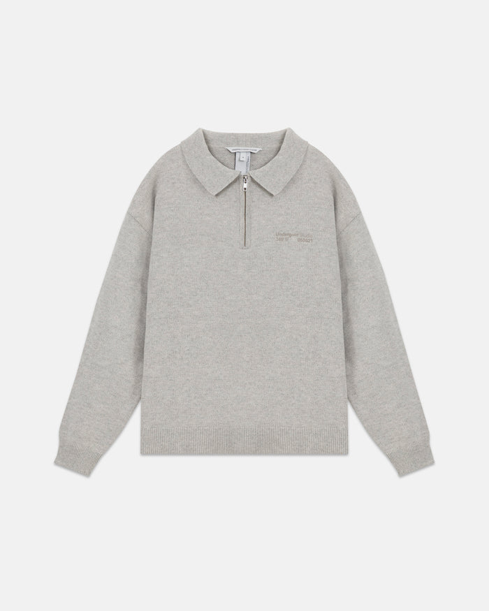 Line Knit Zip Up Long Sleeve Polo Shirt Seed Gray