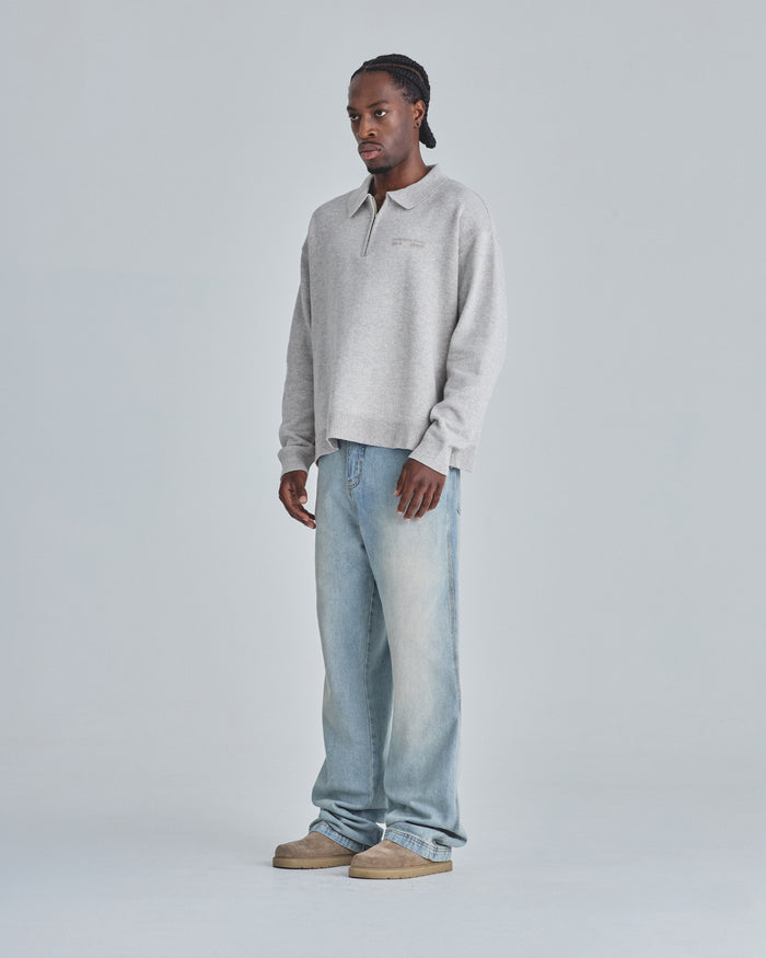 Line Knit Zip Up Long Sleeve Polo Shirt Seed Gray