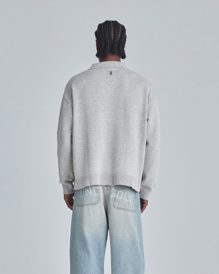 Line Knit Zip Up Long Sleeve Polo Shirt Seed Gray