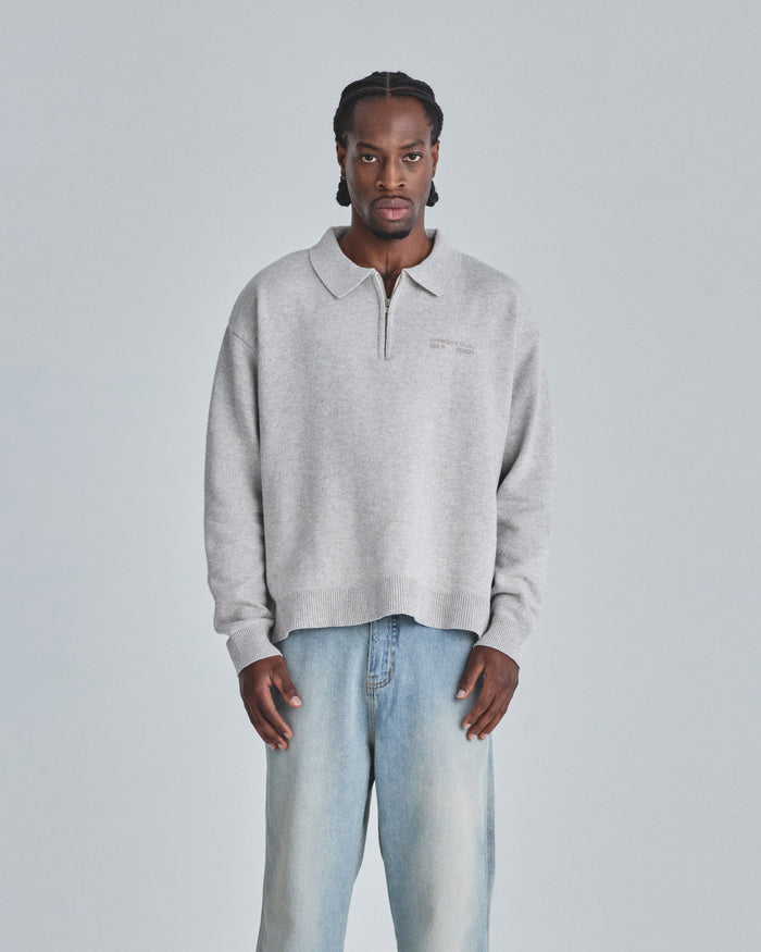 Line Knit Zip Up Long Sleeve Polo Shirt Seed Gray