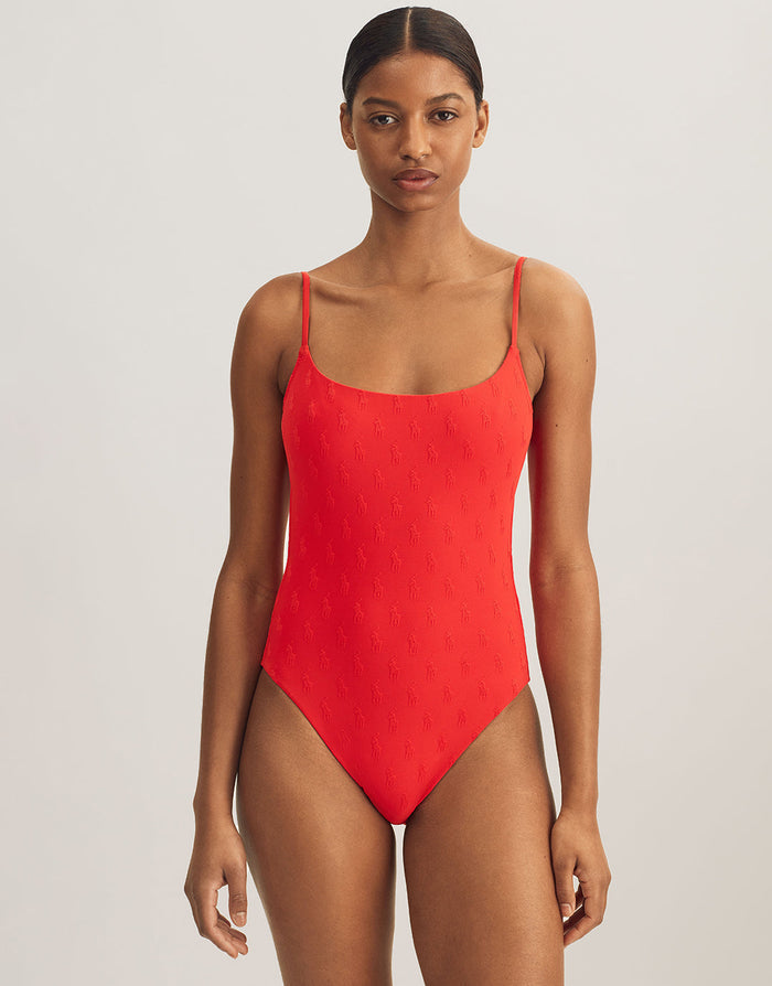 Polo Ralph Lauren Logo Jacquard Kennedy Swimsuit - Bright Hibiscus - Simply Beach UK