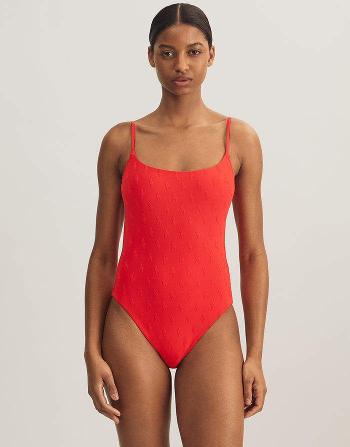 Polo Ralph Lauren Logo Jacquard Kennedy Swimsuit - Bright Hibiscus - Simply Beach UK