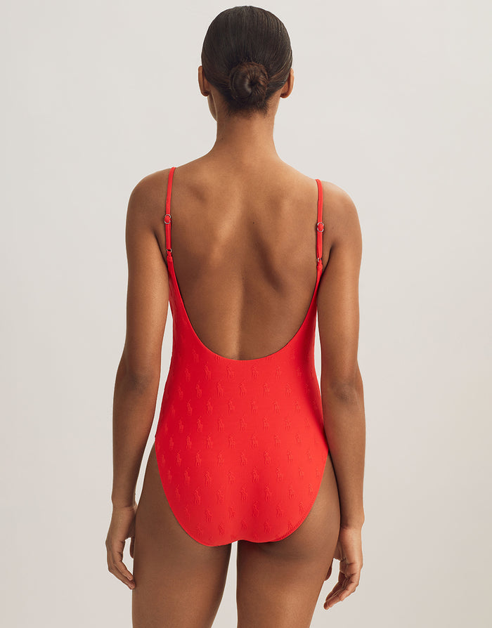 Polo Ralph Lauren Logo Jacquard Kennedy Swimsuit - Bright Hibiscus - Simply Beach UK