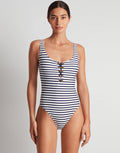 Lauren Ralph Lauren Luxe Stripe Lace Up Swimsuit - Navy White - Simply Beach UK