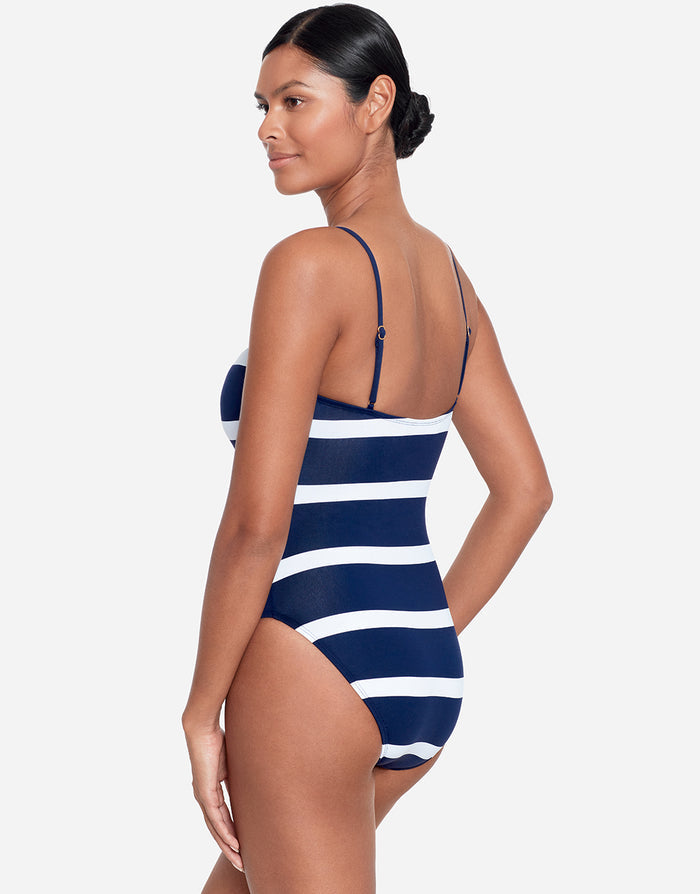Mariner Stripe Embroidered Square Neck Swimsuit - Navy and White - Simply Beach UK