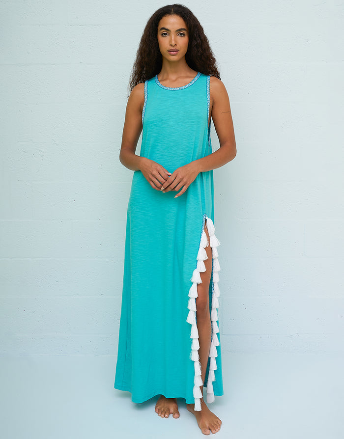Pitusa Monochromatic Tassel Slit Dress - Teal - Simply Beach UK