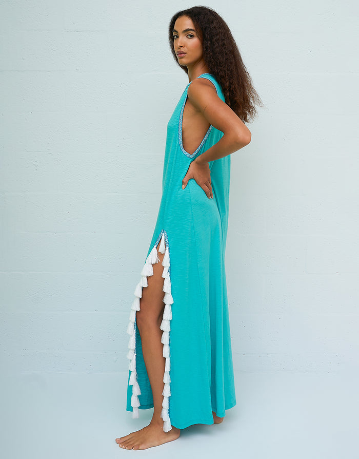 Pitusa Monochromatic Tassel Slit Dress - Teal - Simply Beach UK