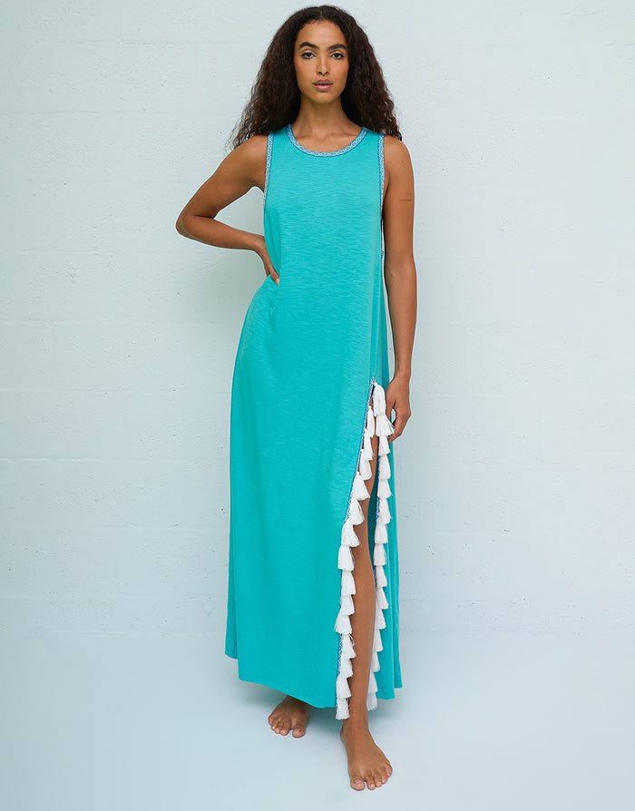 Pitusa Monochromatic Tassel Slit Dress - Teal - Simply Beach UK