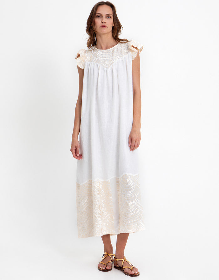 Greek Archaic Kori New Triangle Open Back Dress - White and Champagne - Simply Beach UK