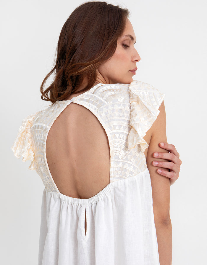 Greek Archaic Kori New Triangle Open Back Dress - White and Champagne - Simply Beach UK