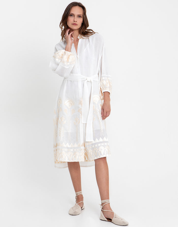 Greek Archaic Kori Papyrus Midi Shirt Dress - White and Champagne - Simply Beach UK
