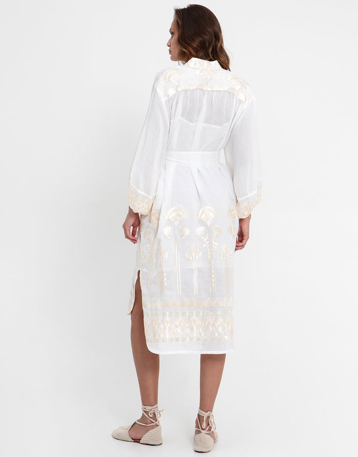 Greek Archaic Kori Papyrus Midi Shirt Dress - White and Champagne - Simply Beach UK