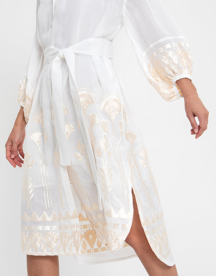 Greek Archaic Kori Papyrus Midi Shirt Dress - White and Champagne - Simply Beach UK