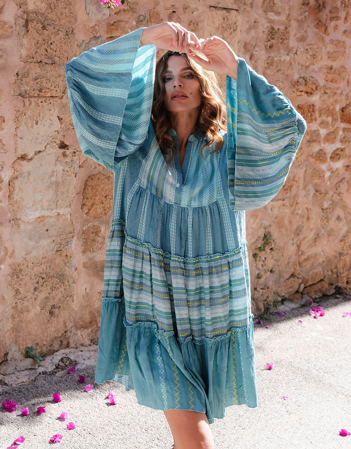 Pitusa Patchwork Mini Boho Dress - Blue - Simply Beach UK
