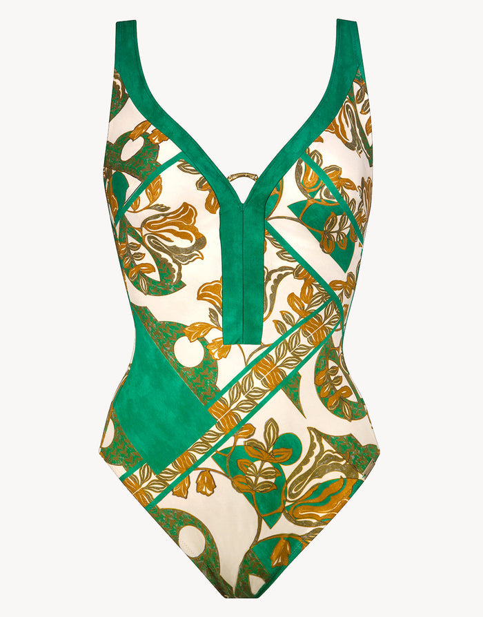 Maryan Mehlhorn Perceptions Underwired Plunge Swimsuit - Cream and Green - Simply Beach UK