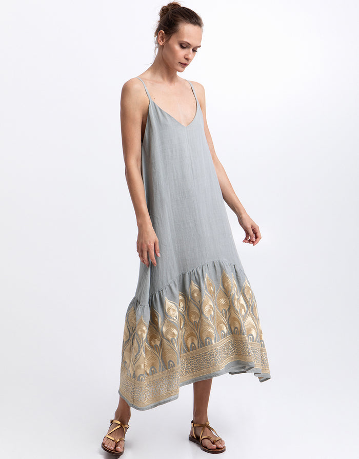 Greek Archaic Kori Phoenix Strappy Midi Dress - Light Grey and Gold - Simply Beach UK
