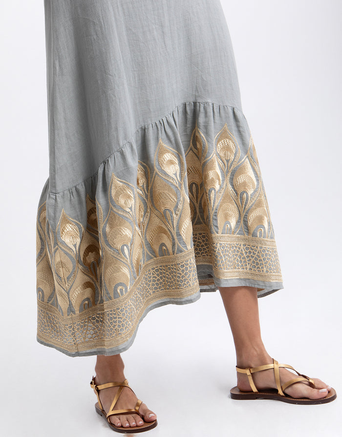 Greek Archaic Kori Phoenix Strappy Midi Dress - Light Grey and Gold - Simply Beach UK