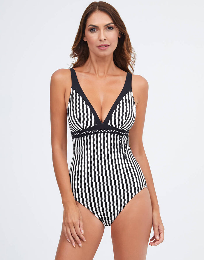 Portofino V Neck Swimsuit - Black and White - Simply Beach UK