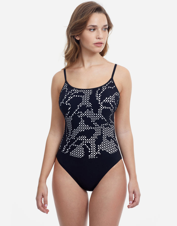 Profile Mashrabiya Round Neck Tie Back Swimsuit - Black - Simply Beach UK