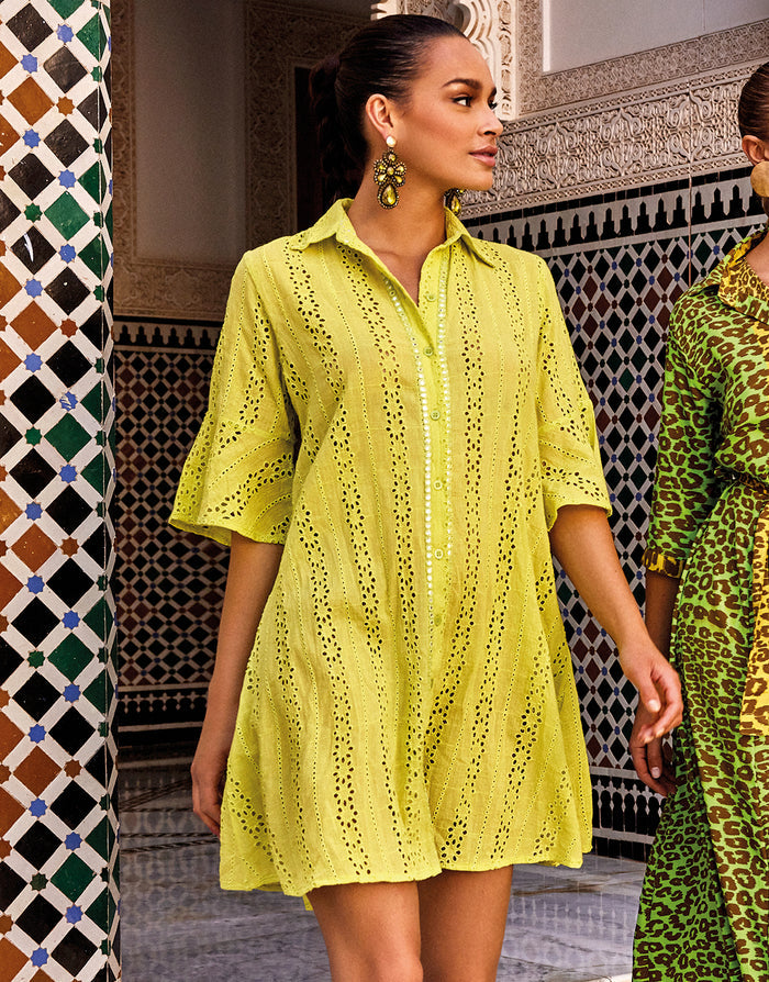Romina 3/4 Sleeve Shirt Dress - Lime - Simply Beach UK