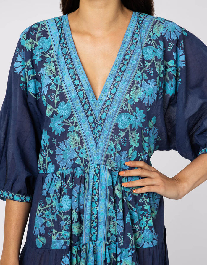 Rose Border Print V-Neck Maxi Dress - Indigo - Simply Beach UK