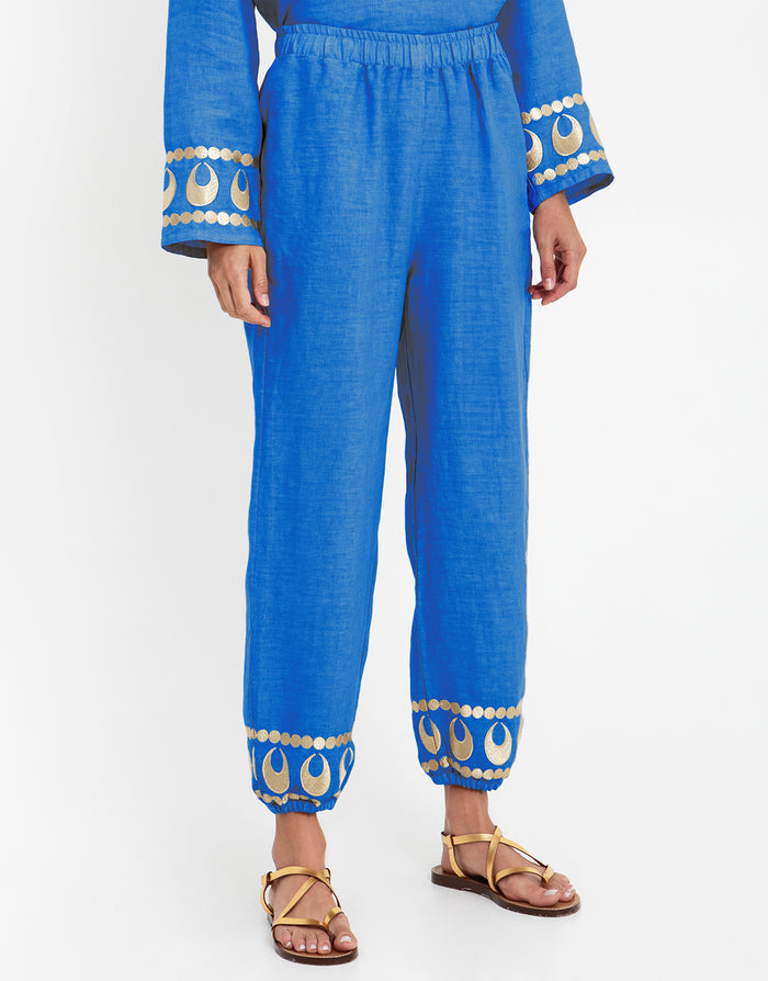 Selene Gathered Hem Trousers - Blue Raf and Gold