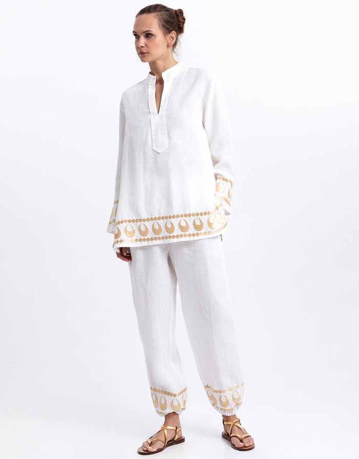 Selene Gathered Hem Trousers - White and Gold