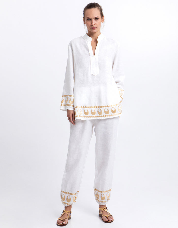 Selene Gathered Hem Trousers - White and Gold