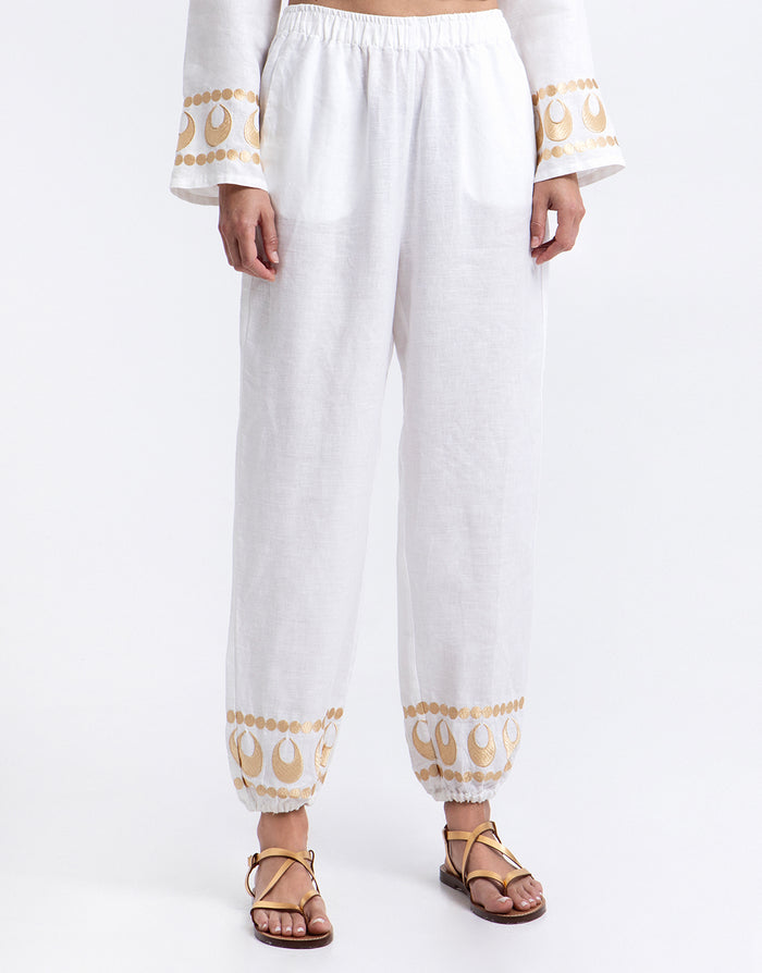 Selene Gathered Hem Trousers - White and Gold