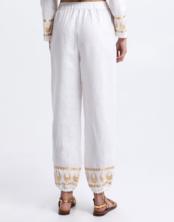 Selene Gathered Hem Trousers - White and Gold