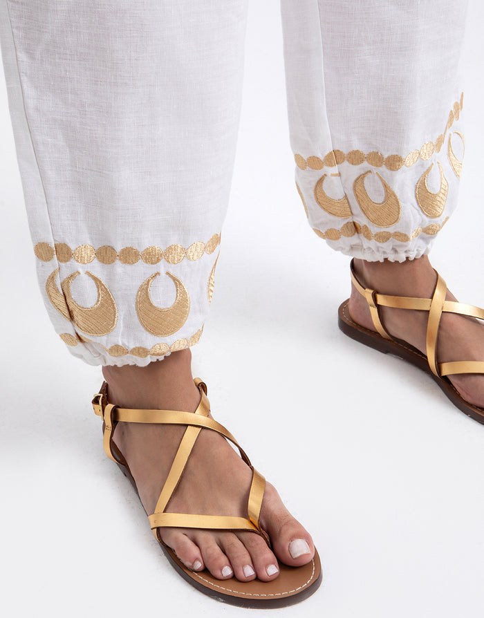 Selene Gathered Hem Trousers - White and Gold