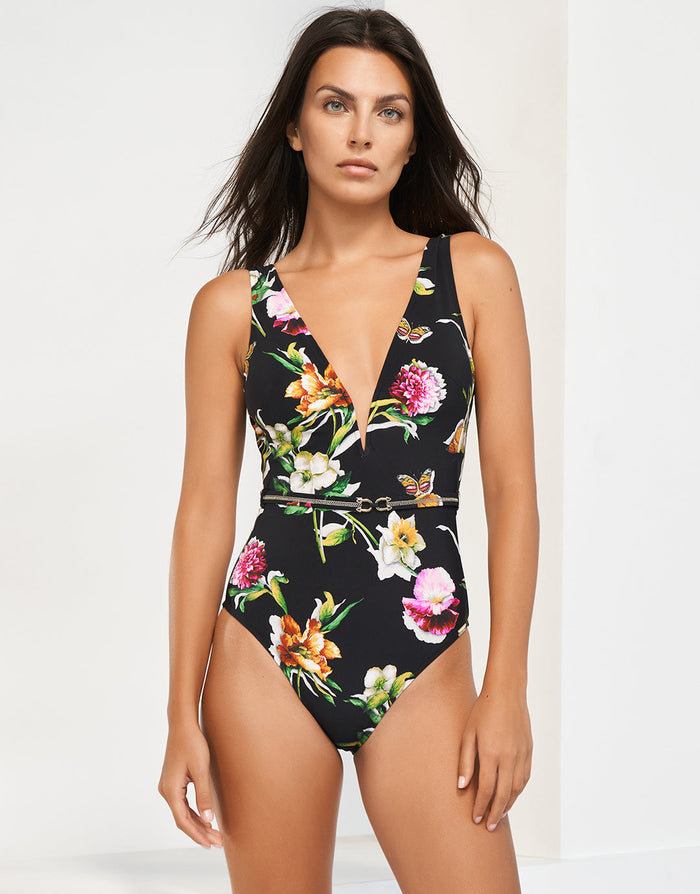 Siciliana Plunge Swimsuit - Black-Brights - Simply Beach UK