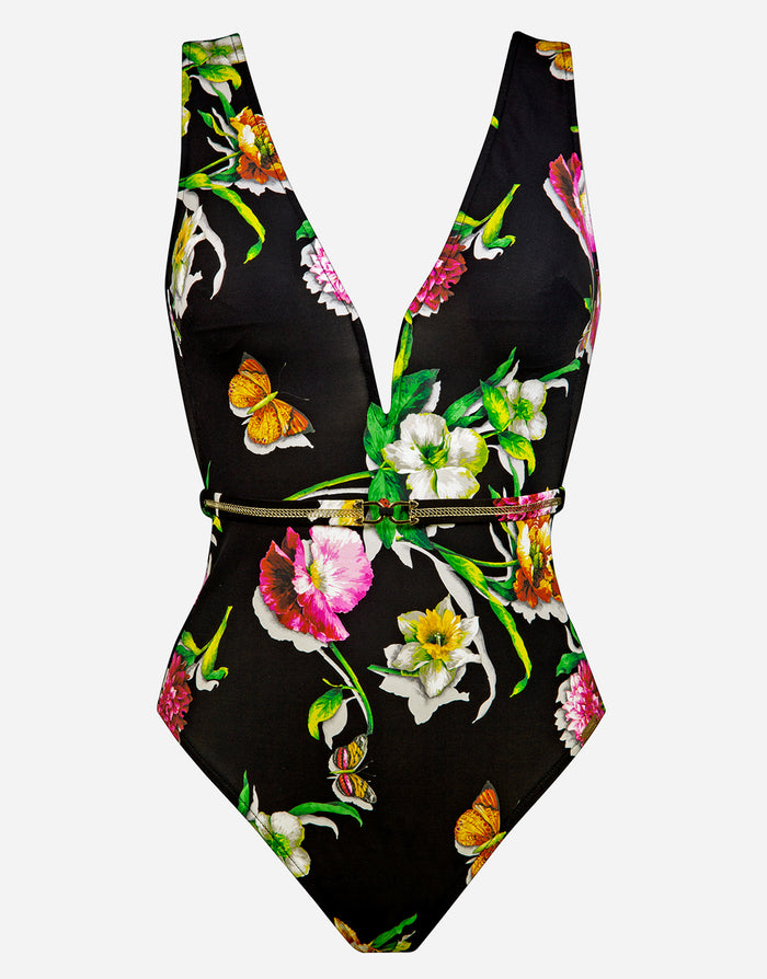 Siciliana Plunge Swimsuit - Black-Brights - Simply Beach UK