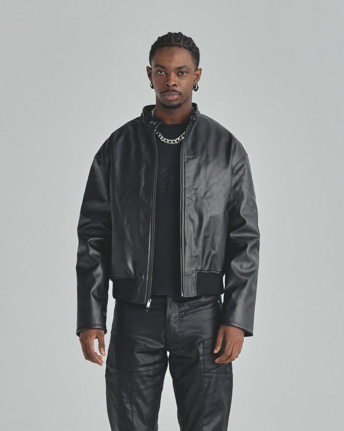 Spring Worn Logo Biker Jacket Black