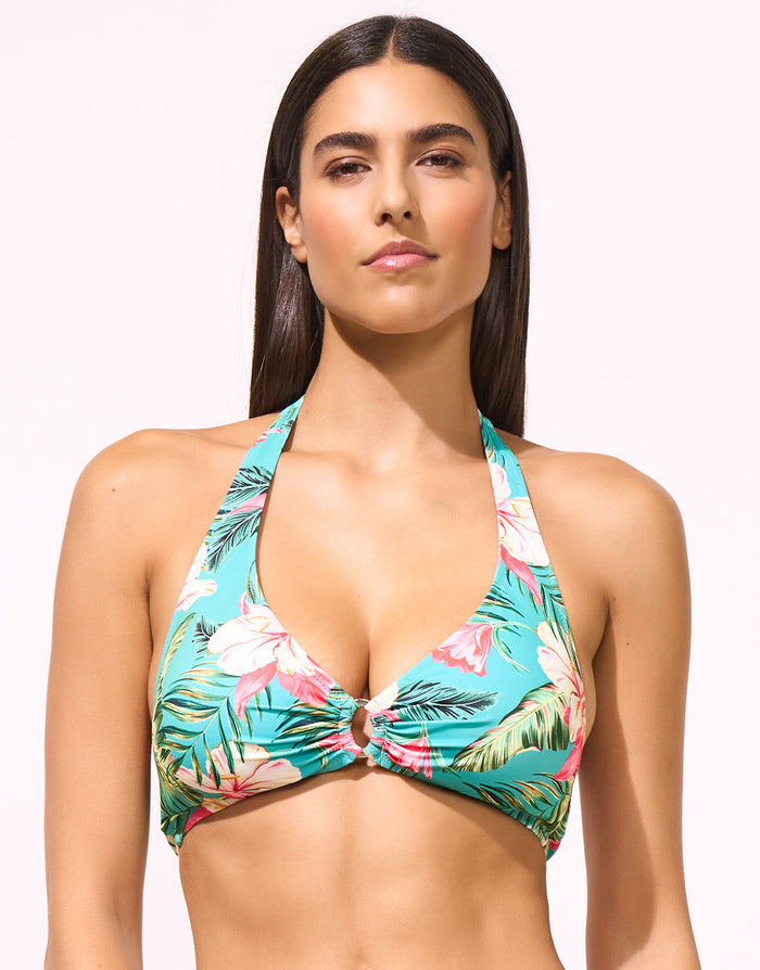 Lidea Tropic Joy Ring Halter Bikini Top - Hibiscus Verde - Simply Beach UK