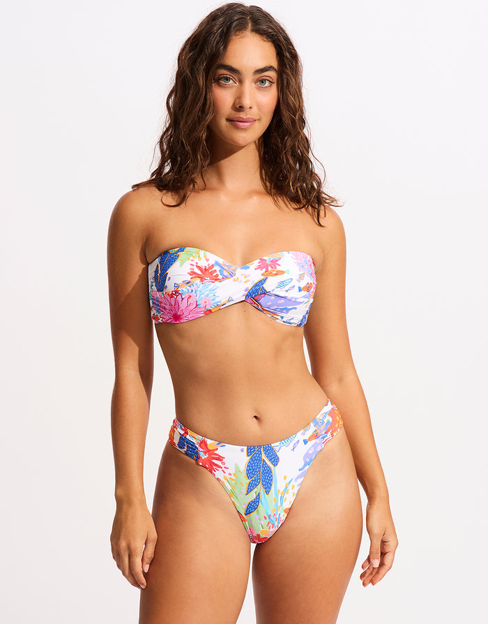 Under the Sea High Leg Ruched Side Bikini Pant - White - Simply Beach UK