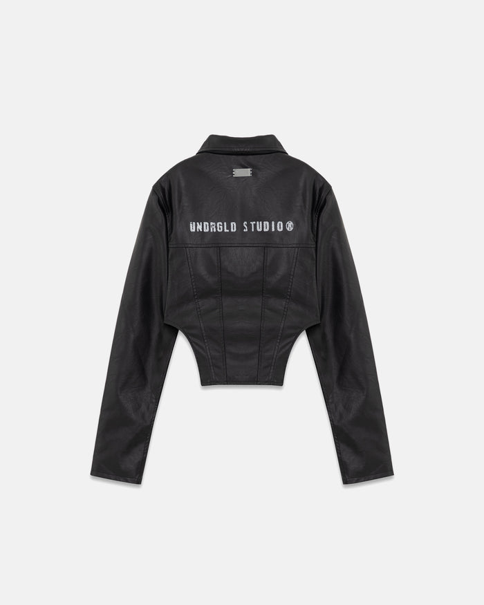 W 94' Worn Logo Pleather Aviator Jacket Black