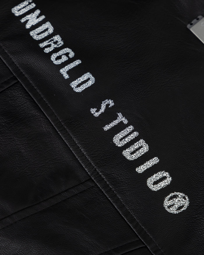 W 94' Worn Logo Pleather Aviator Jacket Black