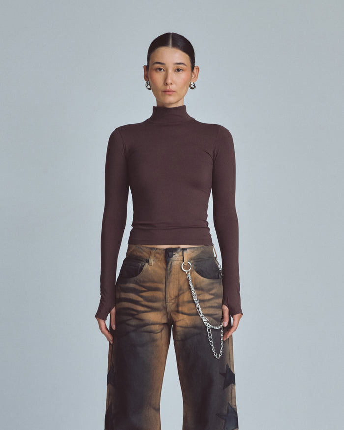 W Basics Ultra Slim Fit Tall Neck Long Sleeve Brown