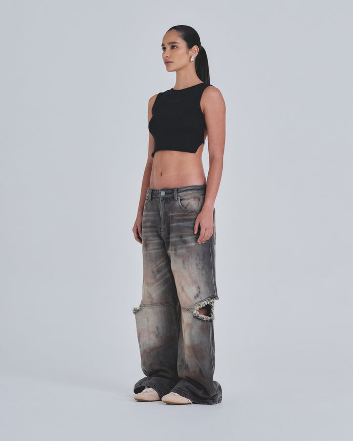 W Holy State UNDGLD Split Knee Wide Jeans Mechanic Gray
