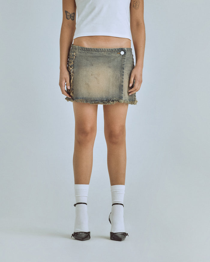 W Santa Union Basic Ripped Skirt Dirty Blue