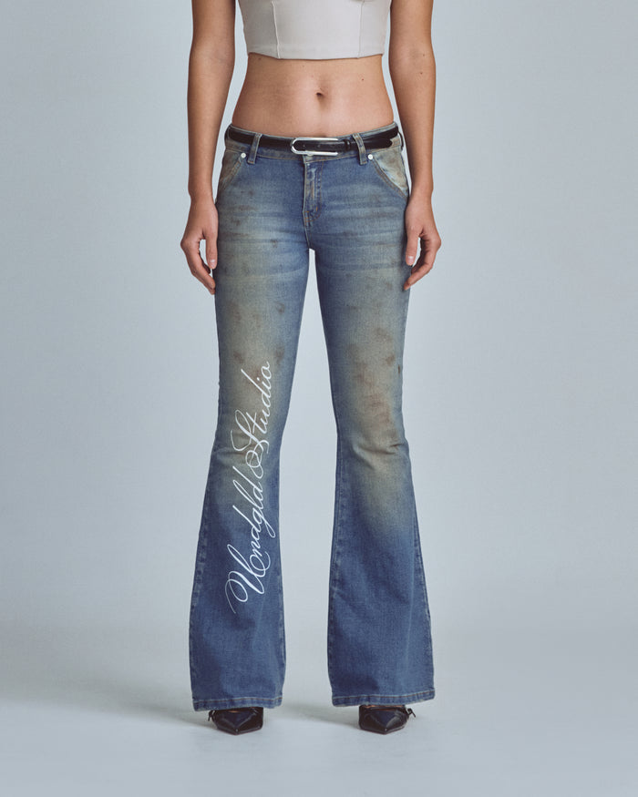 W Stardust Undgld Studio Flare Jeans Mechanic Blue