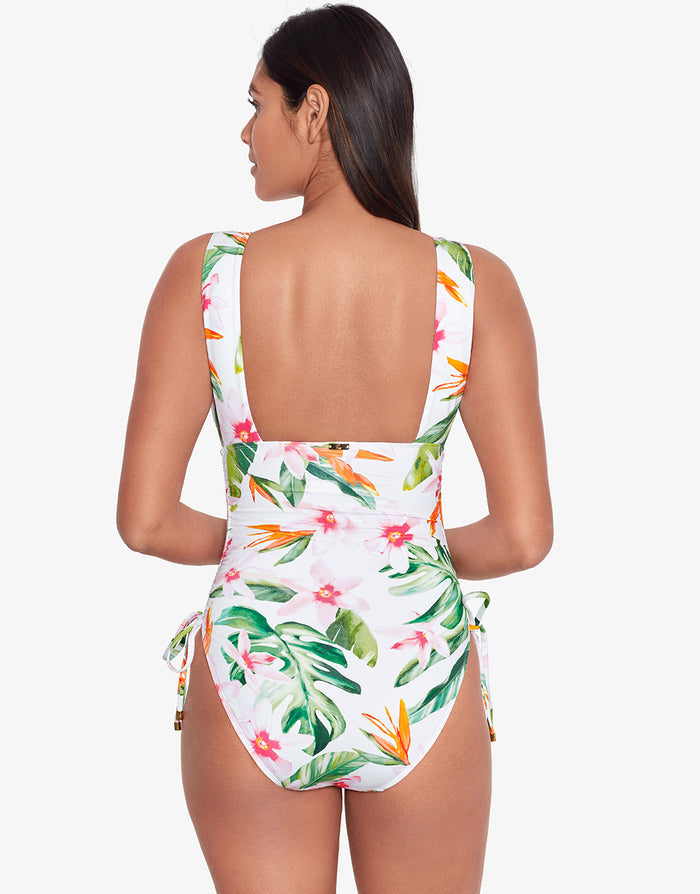 Watercolour Tropical Shirred Plunge Swimsuit - White Multi - Simply Beach UK