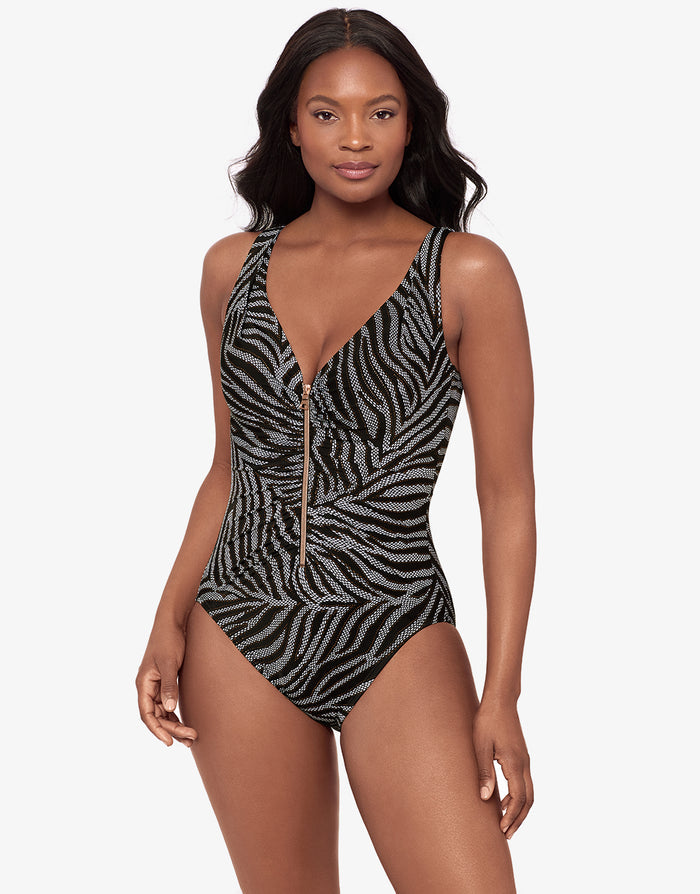 Miraclesuit Zirconic Zipt Swimsuit - Black and White - Simply Beach UK